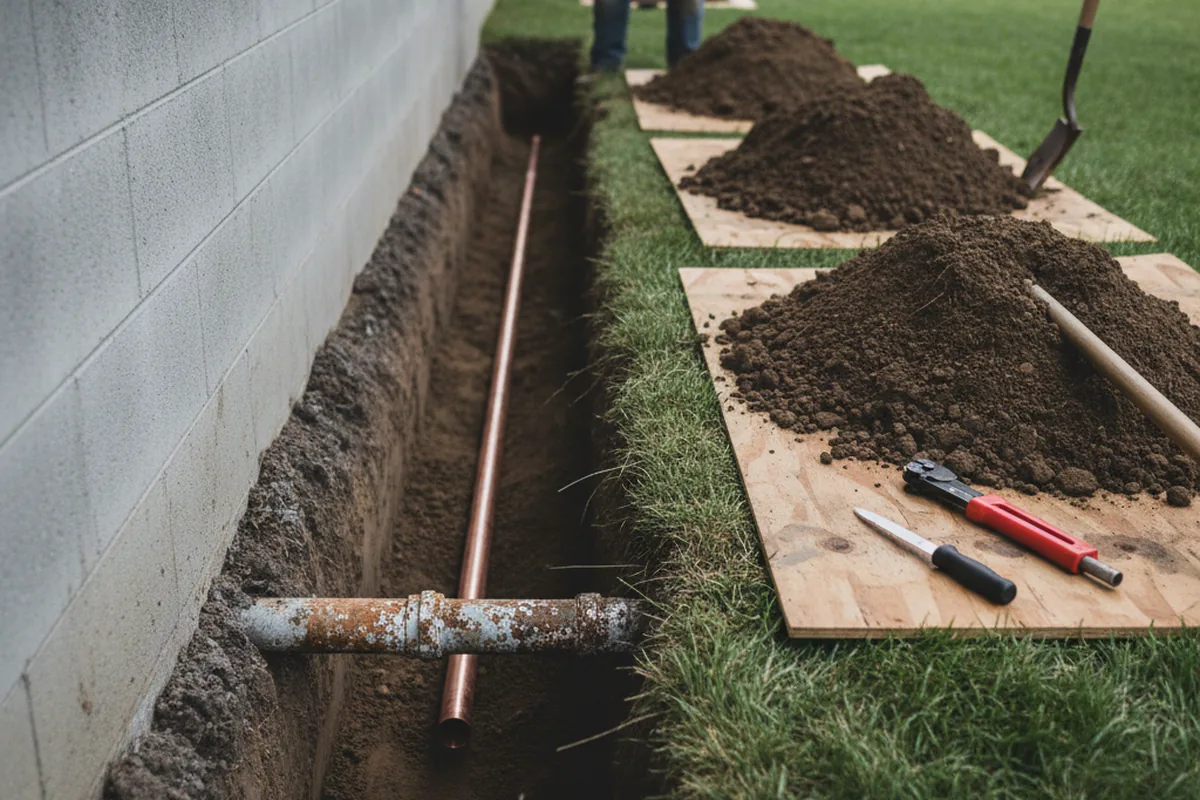 Excavated water line trench during Water Heater Repair in Nashville